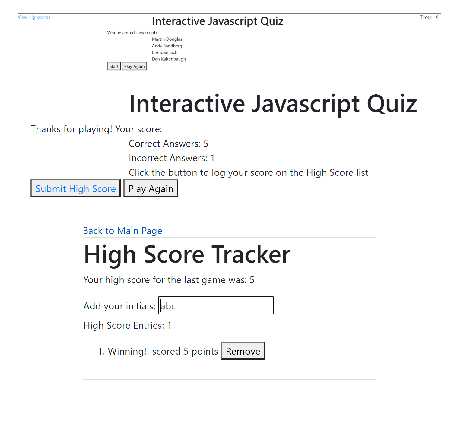 Screenshot of Interactive JavaScript Quiz Project